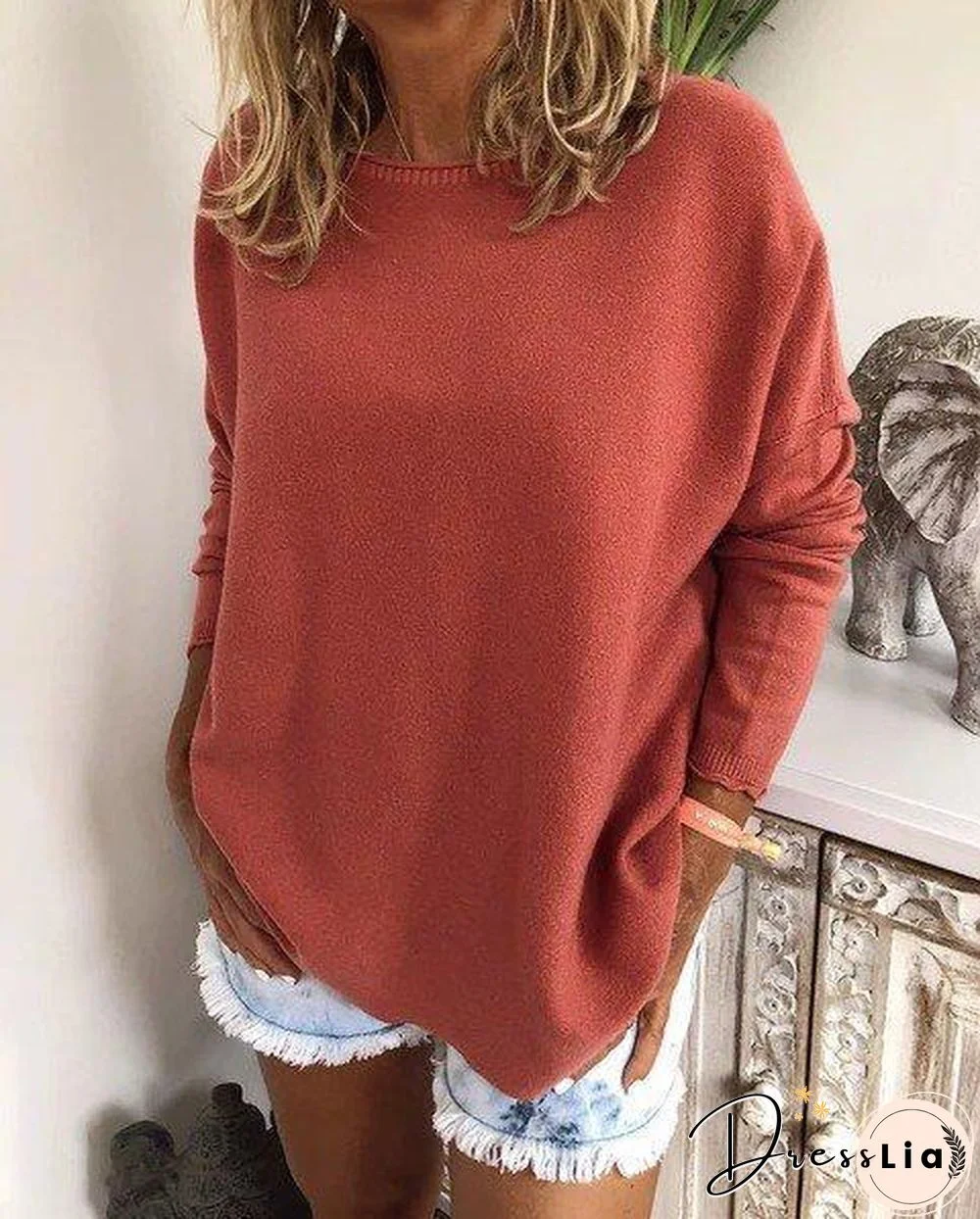 Solid Casual Knitted Long Sleeve Sweater