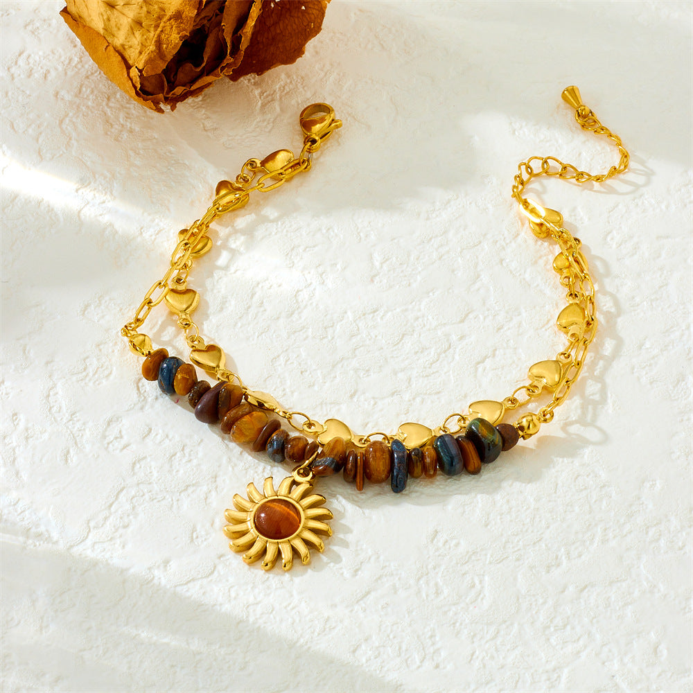 Retro Fashion Double Layered Tiger Eye Stone Beaded Love Chain Stainless Steel Sun Pendant Bracelet