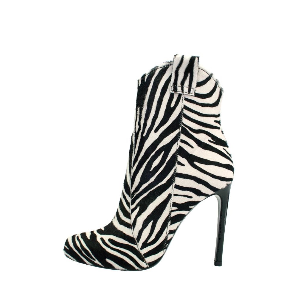 Black and White Zebra Horsehair Stiletto Boots Round Toe Ankle Booties Nicepairs