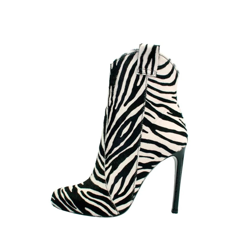 Black and White Zebra Horsehair Stiletto Boots Round Toe Ankle Booties Nicepairs