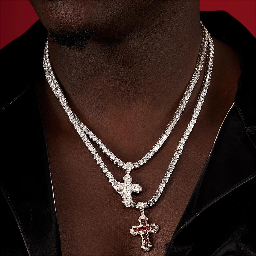 Cross Red Blue Square CZ Stone Iced Out Pendant Necklace Jewelry Gift-VESSFUL