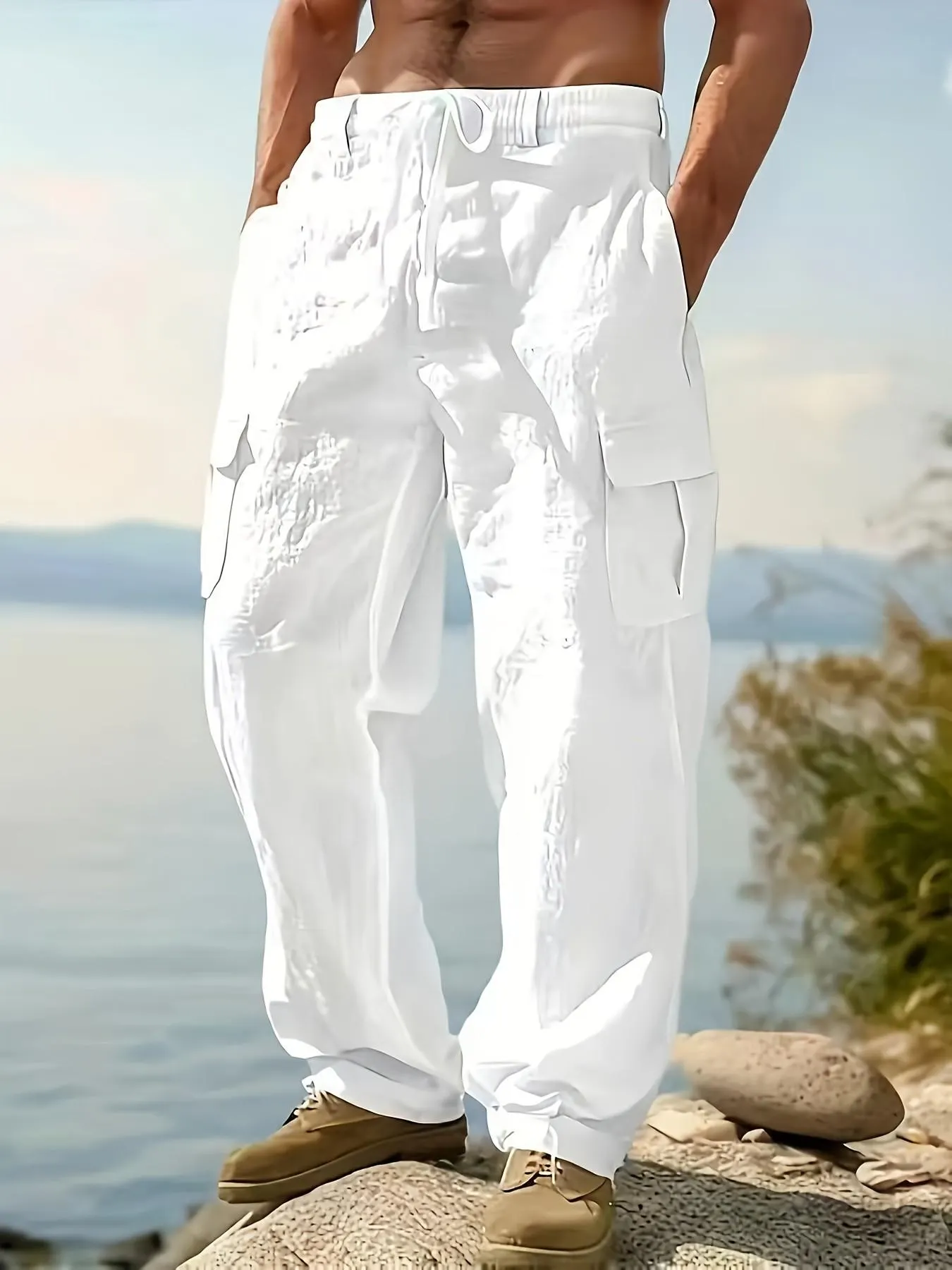 Men's Linen Cargo Pants Drawstring Multi-Pocket Straight Leg Breathable Outdoor Beach Classic Casual Long Pants, Casual Comfy Fashion, 2026 Cross-Border Fashion