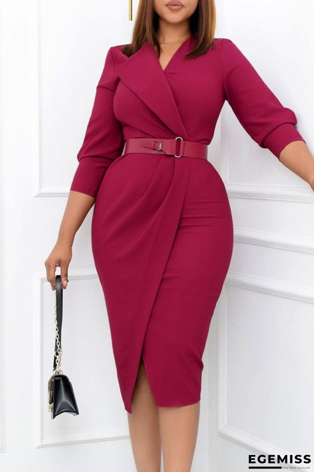 Rose Red Elegant Solid Patchwork With Belt Turn-back Collar One Step Skirt Dresses | EGEMISS