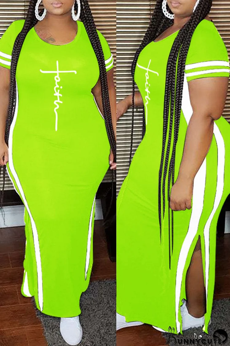 Fluorescent Green Fashion Casual Plus Size Print Slit O Neck Short Sleeve Dress