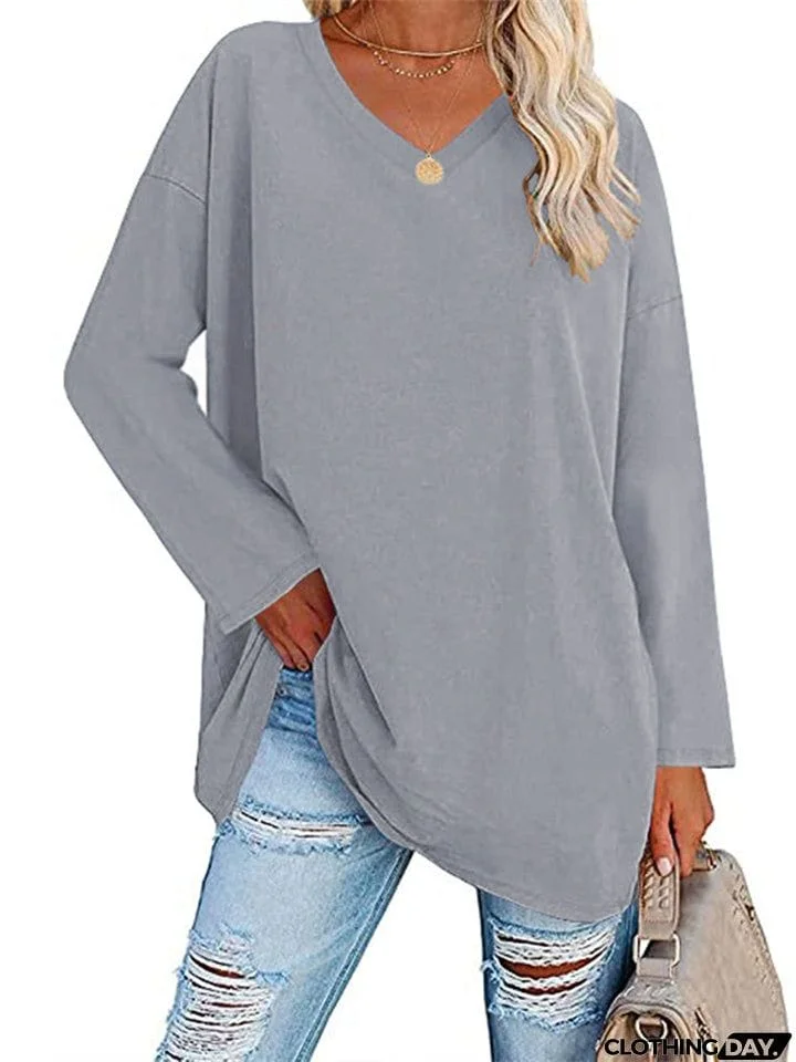Women's V Neck Long Sleeve Cozy Loose Cotton Tops