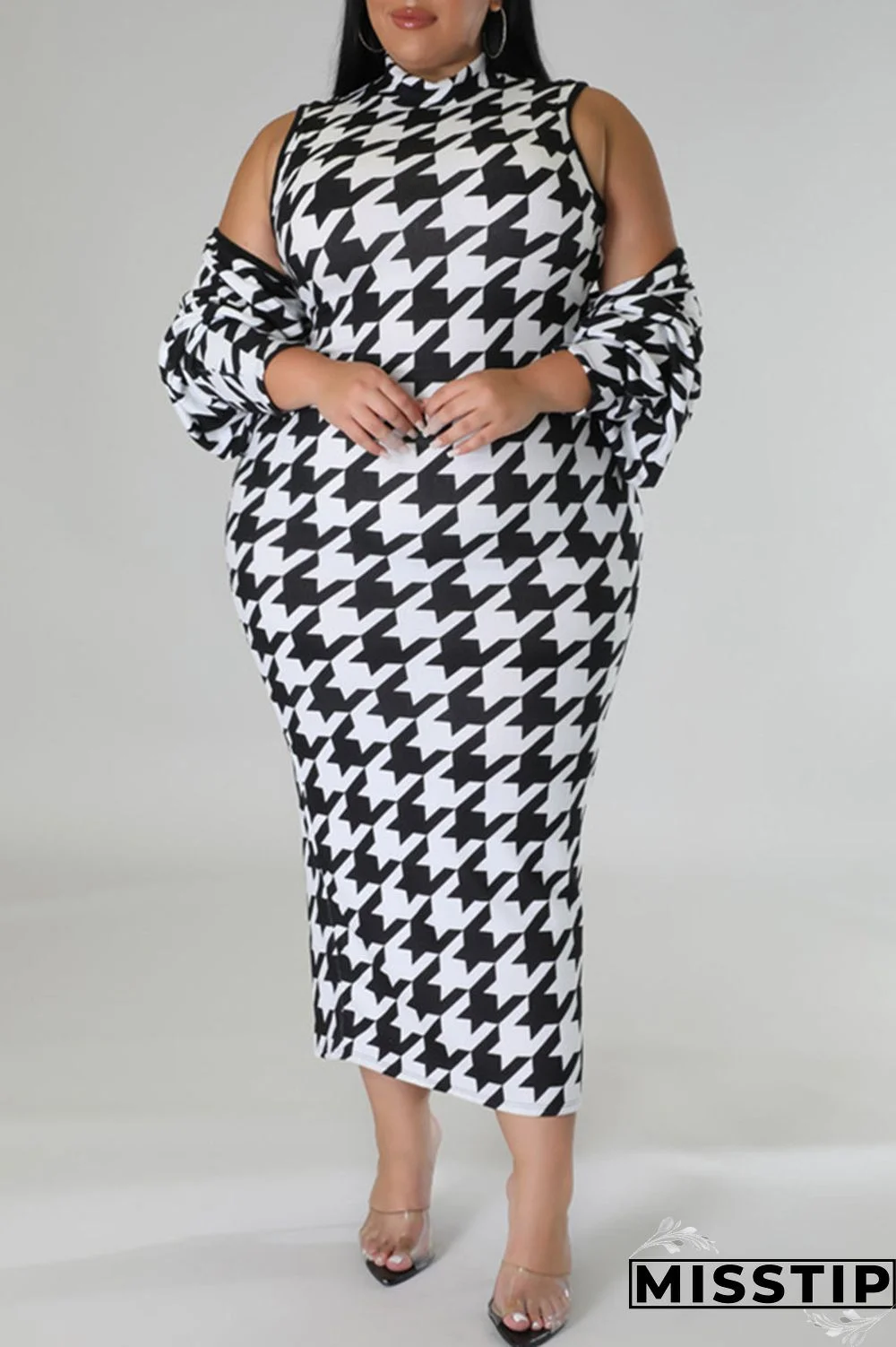 Black And White Casual Print Patchwork Slit Turtleneck Plus Size Two Pieces