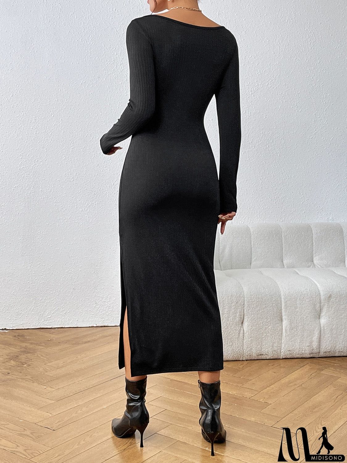 MidiSono - Cutout Drawstring Slit Dress