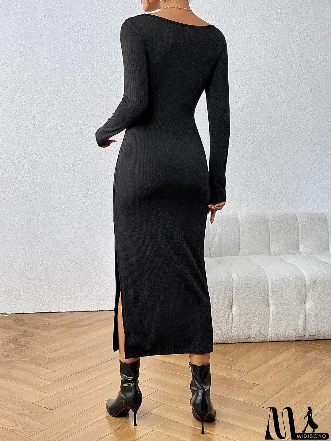 MidiSono - Cutout Drawstring Slit Dress