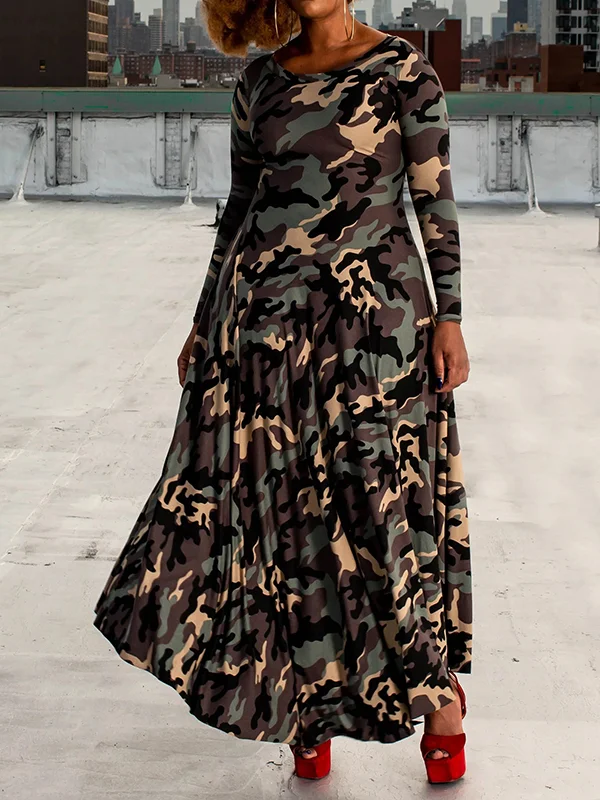 Camouflage High Waisted Long Sleeves Round-Neck Maxi Dresses