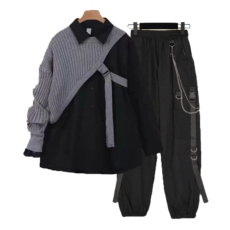Woherb Autumn Female Loose long-sleeved shirt +knitted sweater+Chain Cargo Pants cashmere overalls three-piece Suit