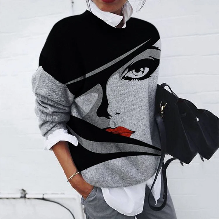 Fashion Abstract Portrait Print Loose Long Sleeve Top