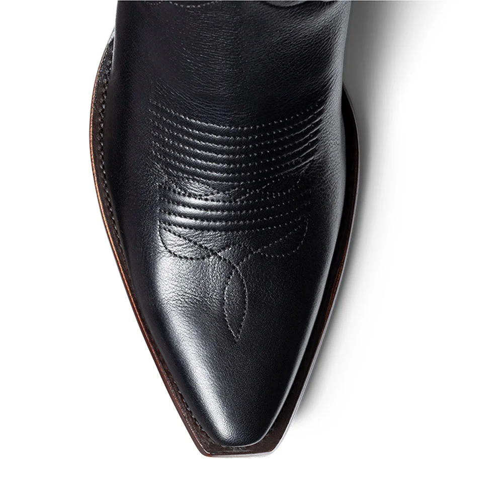 Black Snip Toe Chunky Heel Short Cowgirl Boots with Side Zipper