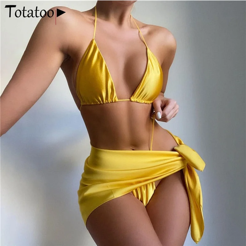 Totatoop Halter Solid Satin Bikini Set Women 2021 Female Three Piece Set Thong With Skirt Seimwear Beachwear Bathing Suits