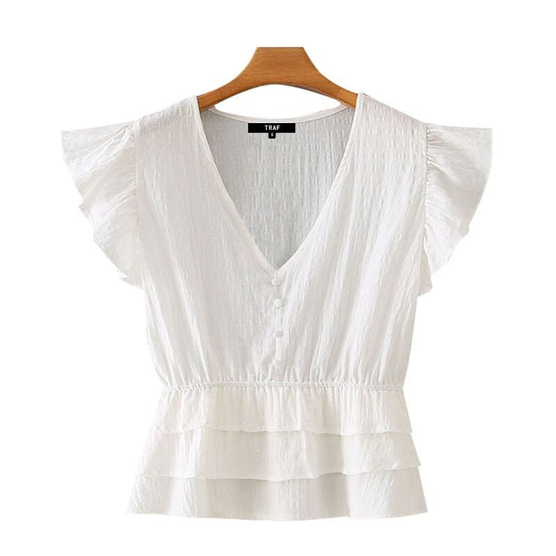 TRAF Women Sweet Fashion Ruffles Pleated Blouses Vintage V Neck Short Sleeve Female Shirts Blusas Chic Tops