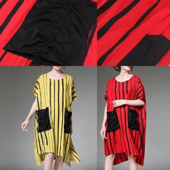 Simple cotton linen clothes For Women Fashion red Striped Print Summer Plus Size Dress