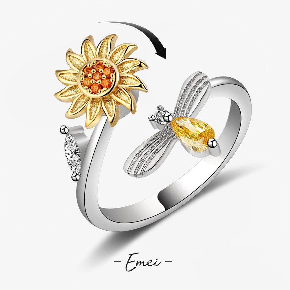 Sunflower Rotating Bee Stress-Relief Ring with Rhinestones