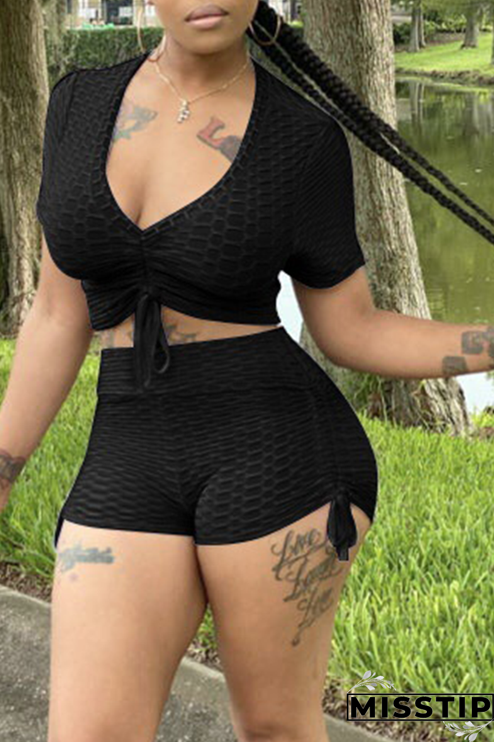 Grey Casual Solid Patchwork V Neck Short Sleeve Two Pieces
