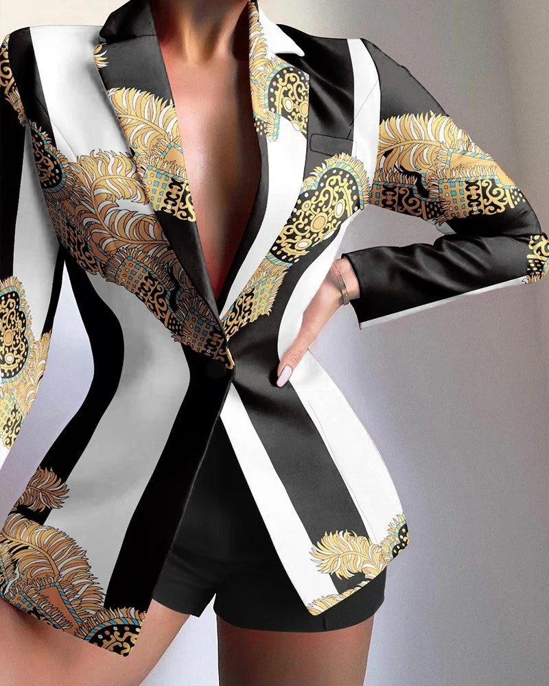 Striped Scarf Print Lapel Collar Single Button Tailored Blazer | IFYHOME