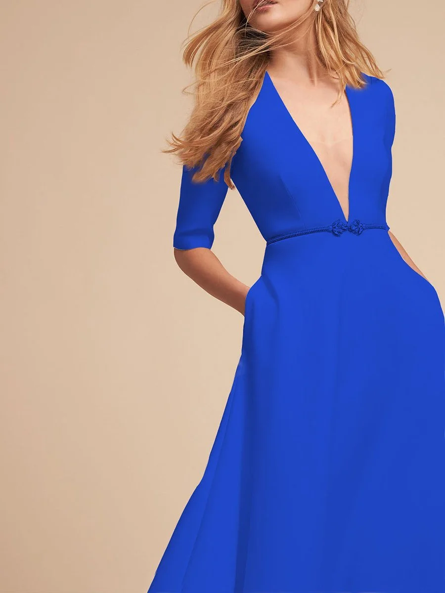 Elegant and simple V-neck mid-length sleeved A-line dress