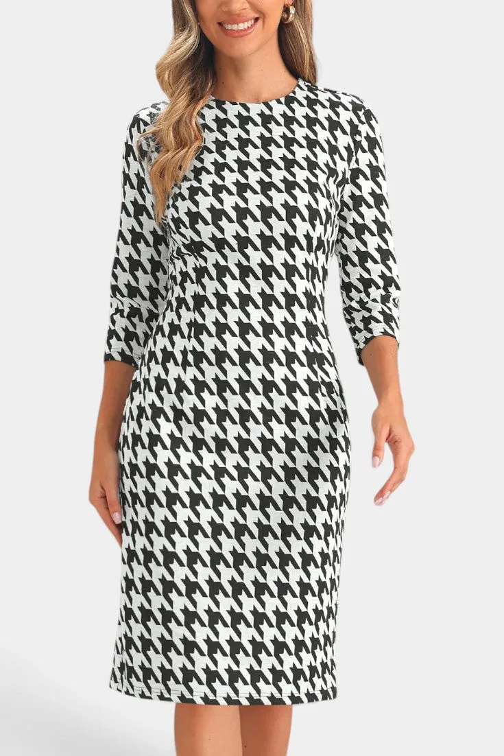 Classic Houndstooth Fitted Midi Dress with 3/4 Sleeves