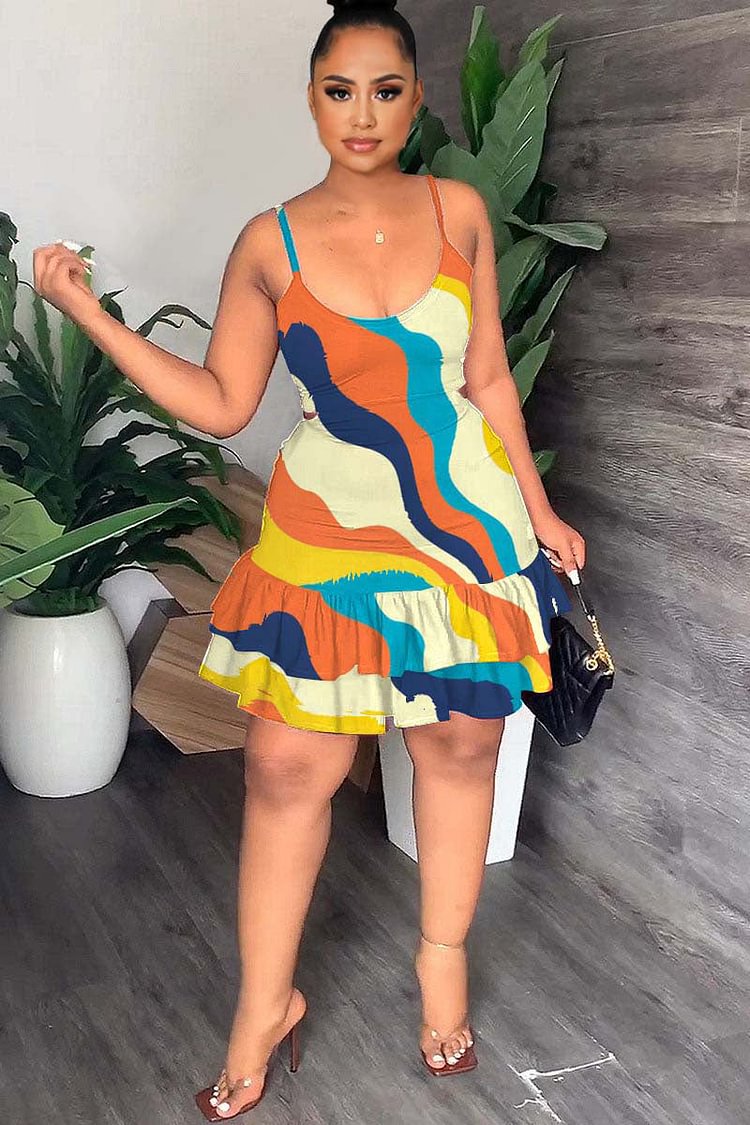 Colorblock Ruffled Trim Scoop Neck Cami Mini Dresses 