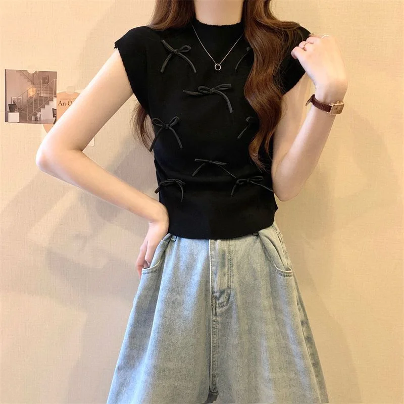 Uveng Uveng Wind Gentle Niche Bow High-Neck Short Sleeve New T-Shirt Summer Slimming Short Blouses Ins