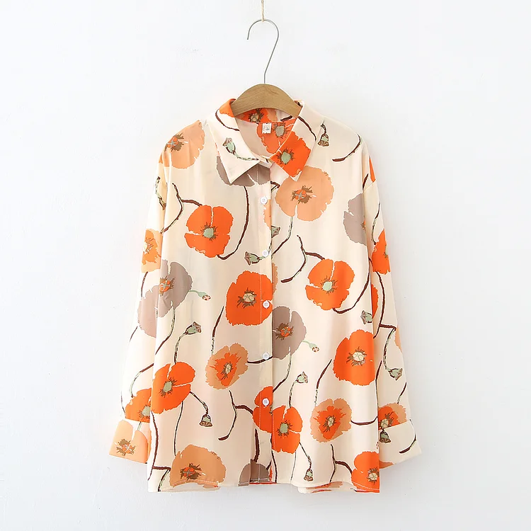 Women's Shirt Long Sleeve Lapel Floral Print Chiffon Blouse Top