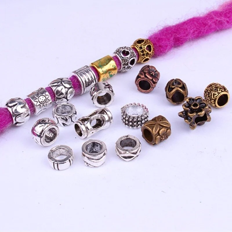 5 Pcs/set Viking Beads 14 Kind Silver Beads for Braiding Dreadlock Hair Decor Cuff Clip Beaded Hair Scrunchies Tibet Bead Tube