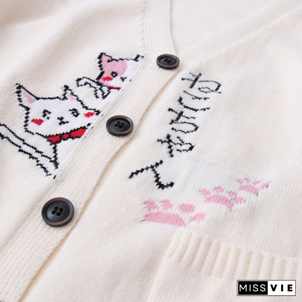 Cartoon Cat Print Cardigan Sweater Shirt Denim Pants Set