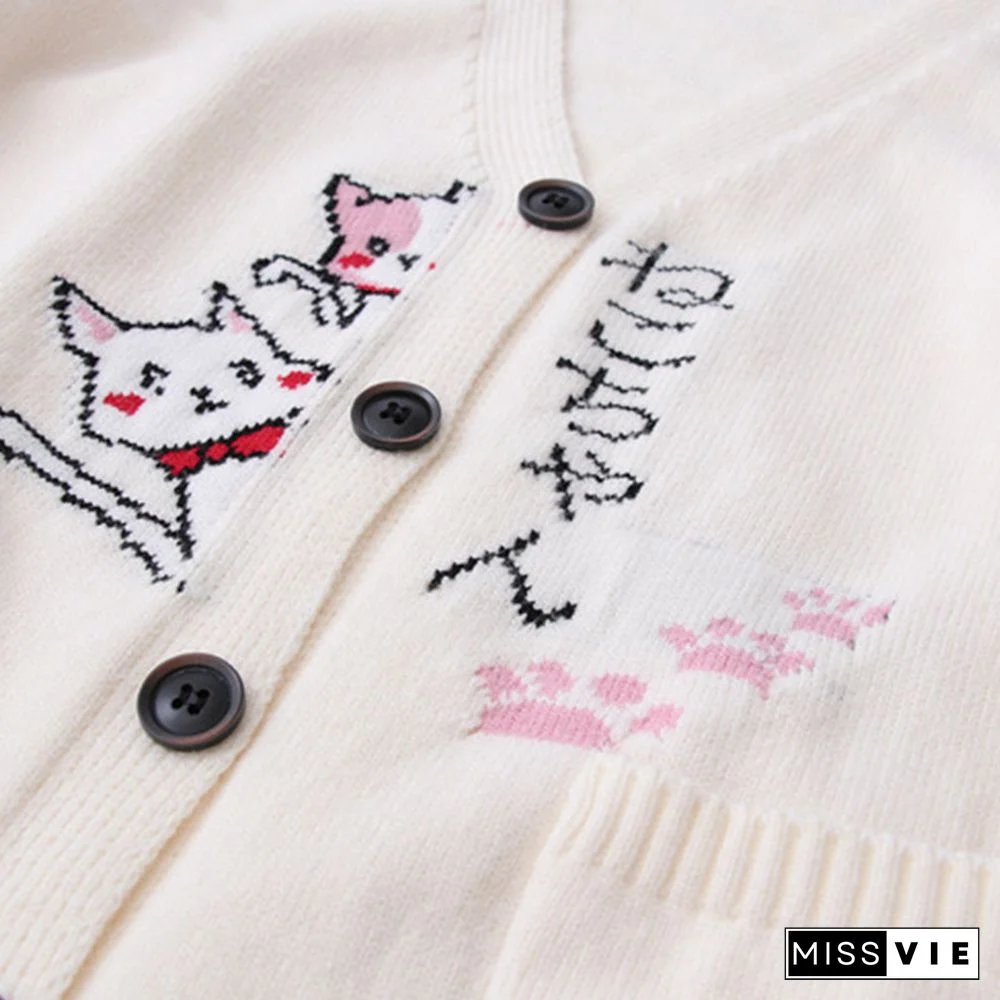 Cartoon Cat Print Cardigan Sweater Shirt Denim Pants Set
