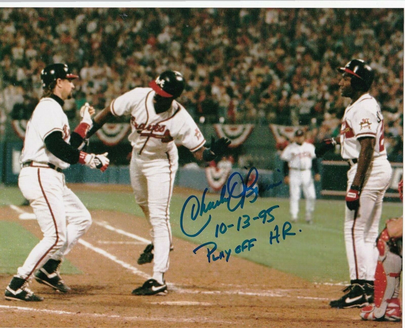 CHARLIE O'BRIEN ATLANTA BRAVES 10-13-95 PLAY-OFF HR ACTION SIGNED 8x10