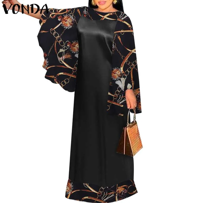 Long Sleeve Vintage Printed Patchwork Maxi Dress 2022 VONDA Women Flare Sleeve Bohemian Dress Oversized SundressRobe Femme