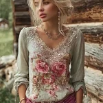 Bohemian Retro Plant And Flower Pattern Casual Cotton And Linen Long-sleeve Top - Image 2