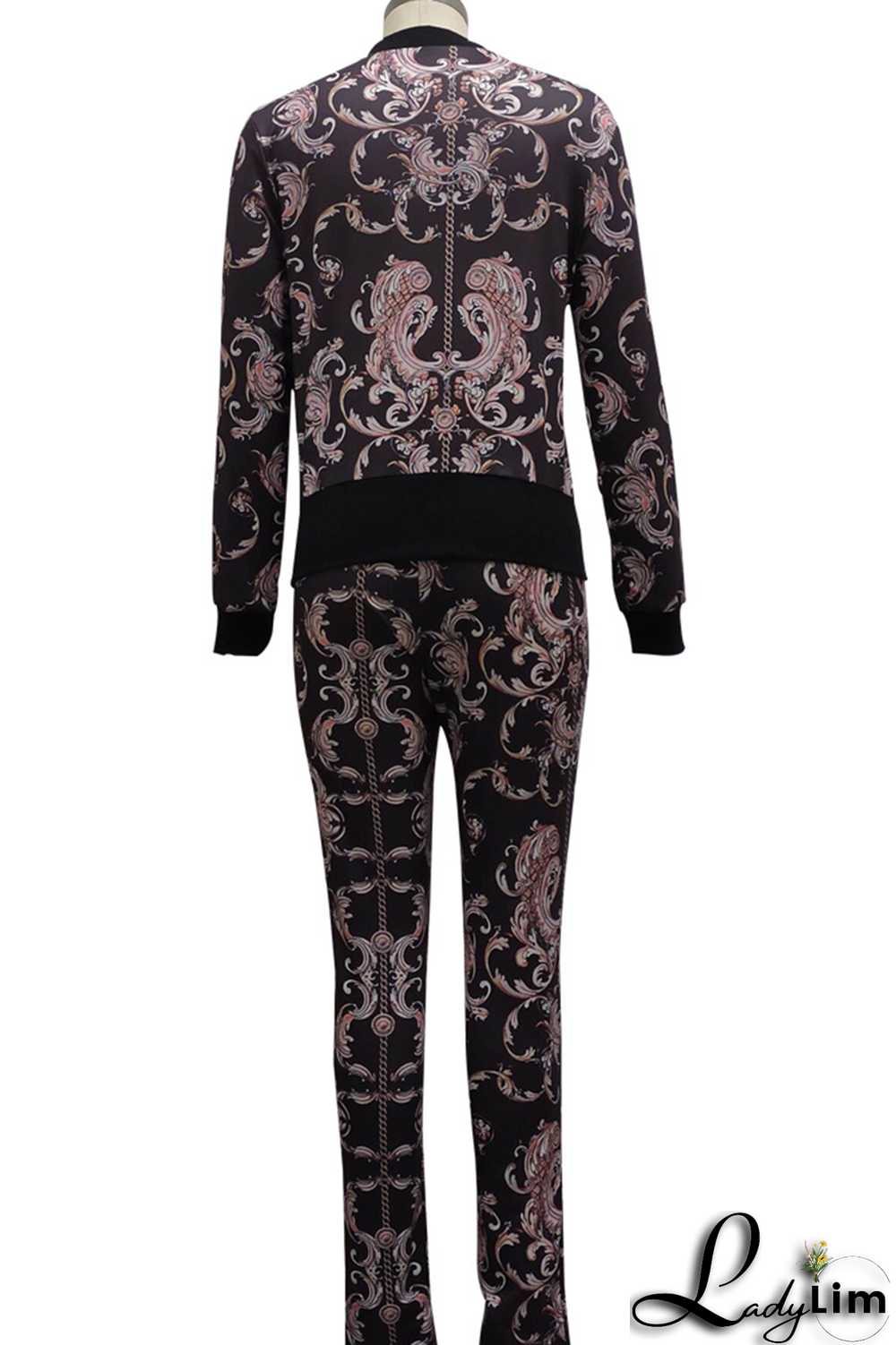 Colour Sexy Print Split Joint Zipper Collar Long Sleeve Two Pieces