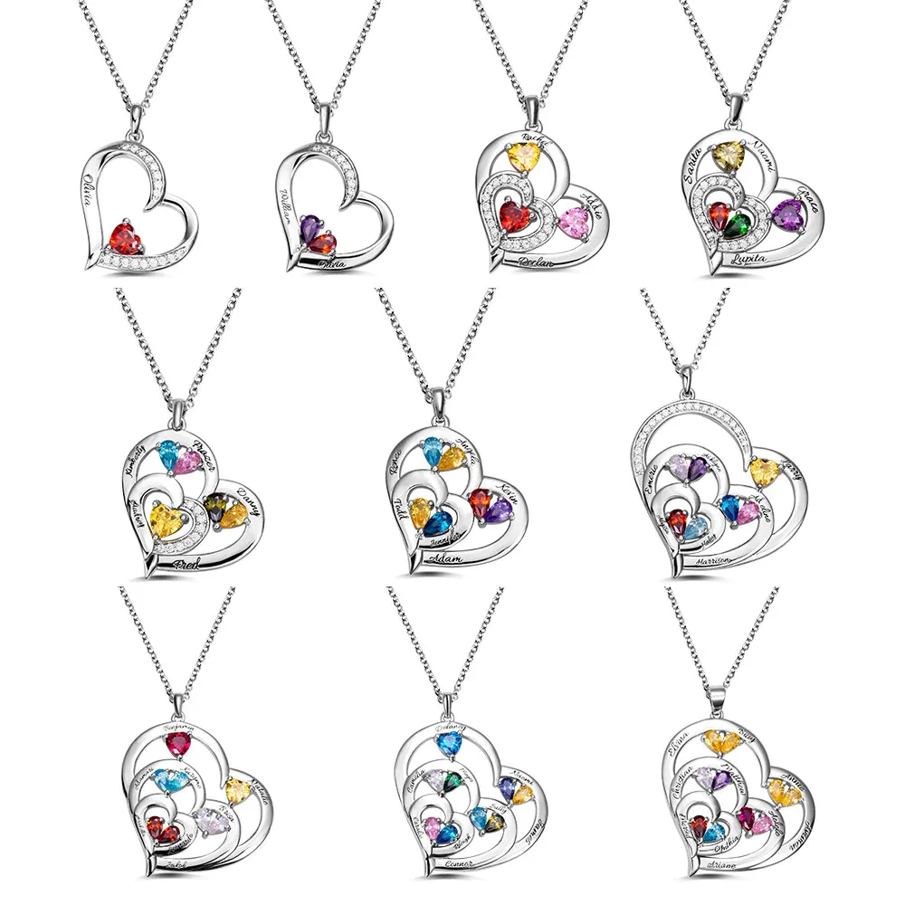 Vangogifts Engraved Name 1-10 Birthstone Family Necklace Gift for Mother Grandma