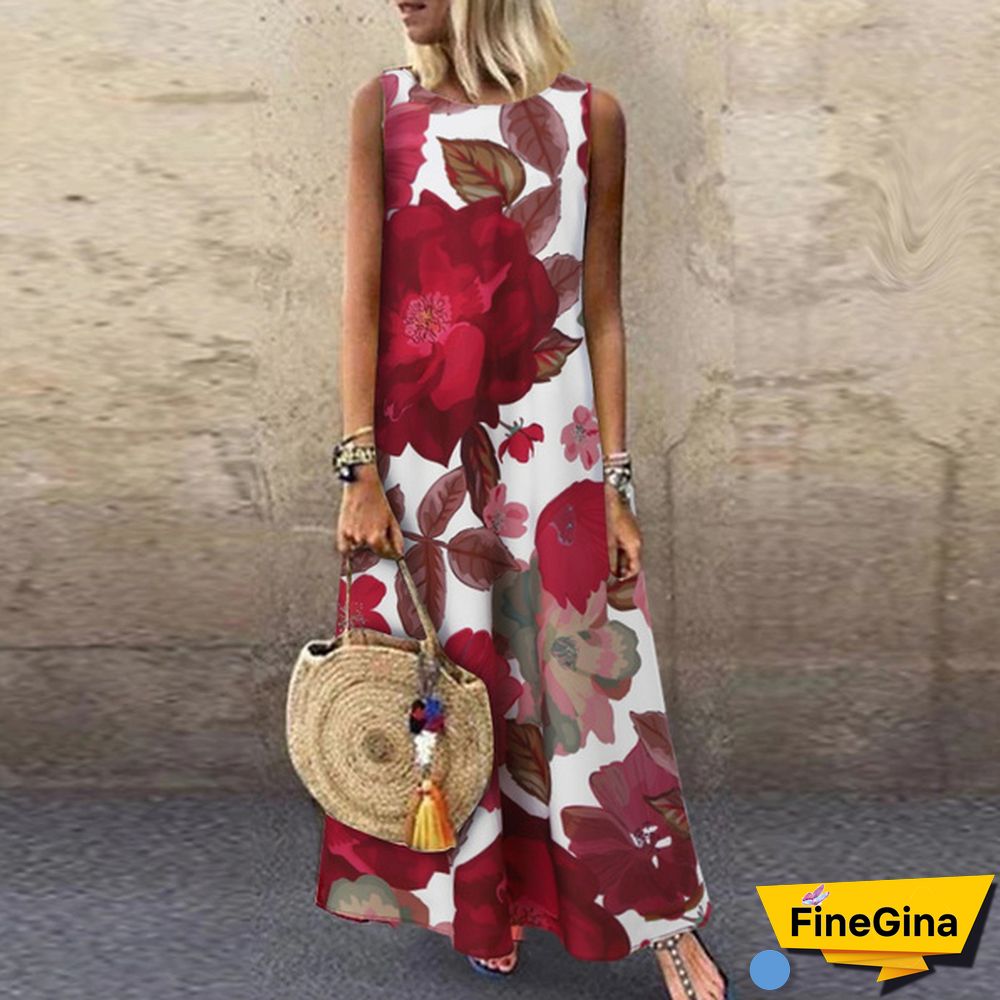 Women Loose Holiday Sleeveless Long Shirt Dress Crew Neck Floral Printed Beach Maxi Sundress Plus