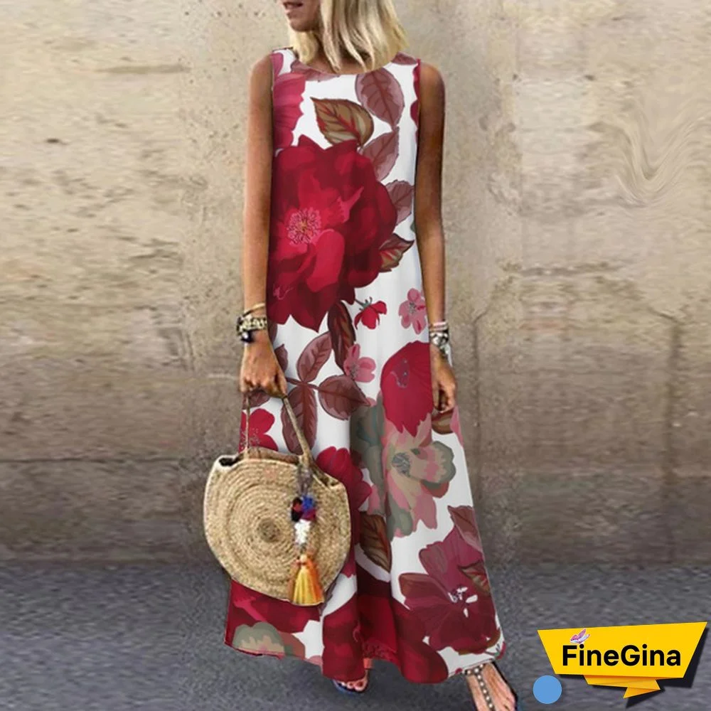 Women Loose Holiday Sleeveless Long Shirt Dress Crew Neck Floral Printed Beach Maxi Sundress Plus