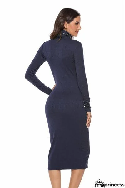 Ribbed Turtleneck Long Sleeve Dress