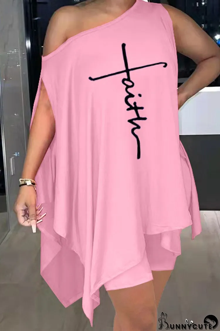 Pink Fashion Casual Print Asymmetrical Oblique Collar Sleeveless Two Pieces