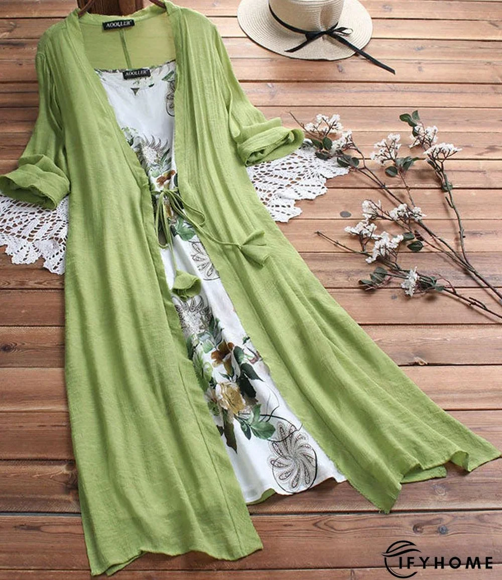 Women Vintage Boho O-Neck Floral Print Lace Two-Piece 3/4 Sleeve Dress | IFYHOME