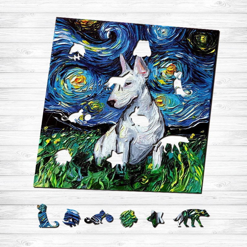 Jeffpuzzle™-JEFFPUZZLE™ Van Gogh Starry Sky - White Bull Terrier Wooden Puzzle