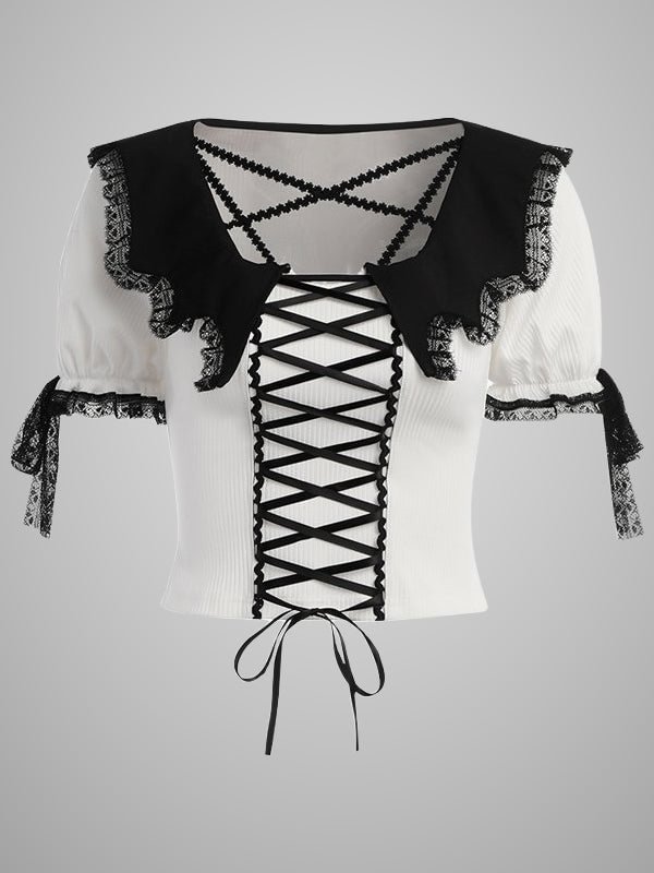 Paneled Color Block Drawstring Navy Collar Cross Embroidered Ribbing Short Balloon Sleeve Top