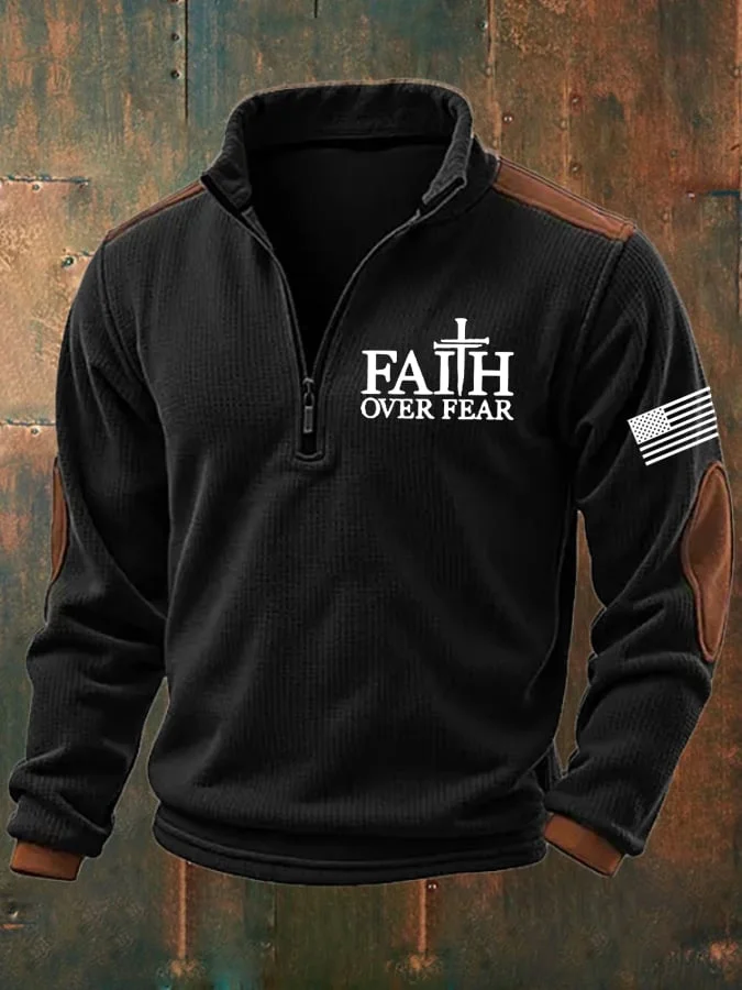 🔥Buy 3 Get 15% Off🔥Men's Faith Over Fear Print Zipper Stand Collar Sweatshirt 