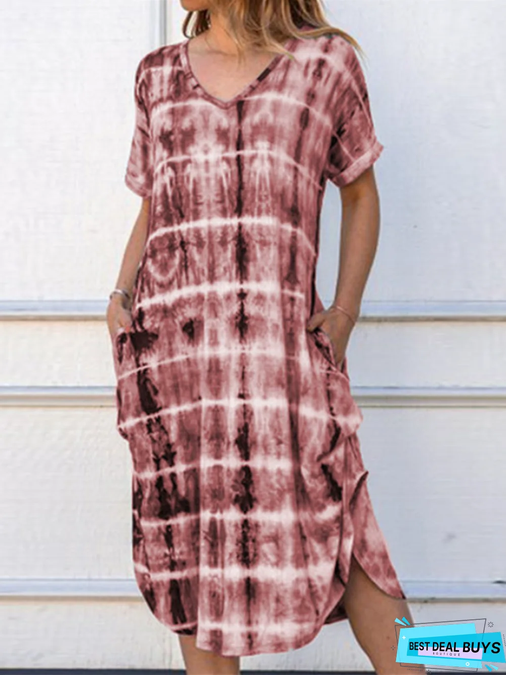 New Women's Short-Sleeved V-Neck Loose-Fitting Fork Print Dress