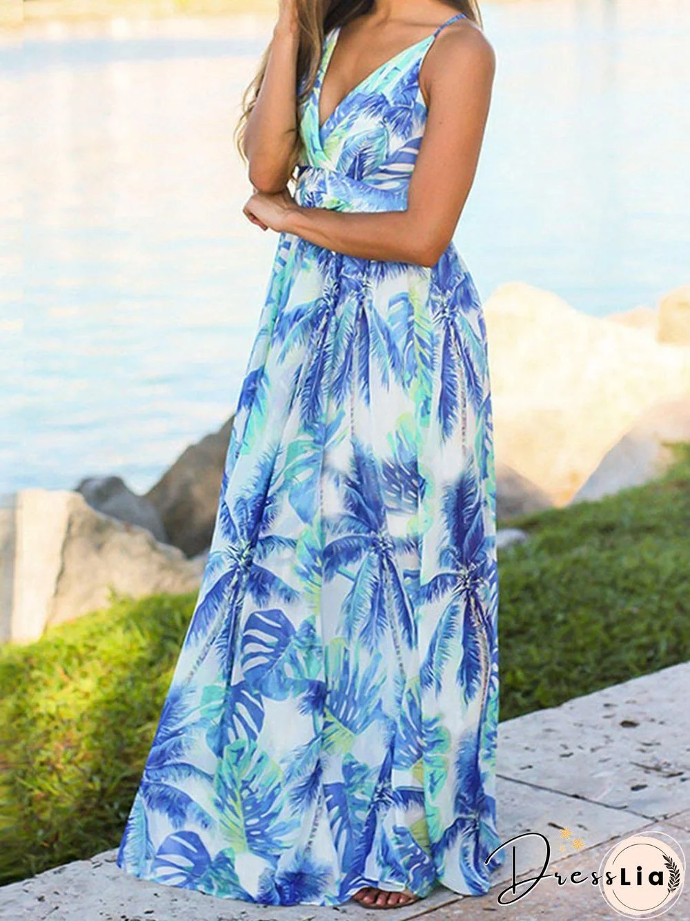 Beach Sling Leak Back Flower Print Maxi Dress P10165