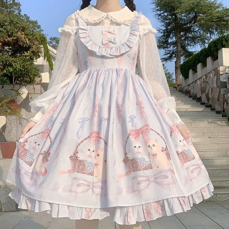 Sweet Bow Ruffle Cat Printed Lolita Dress - Gotamochi Kawaii Shop, Kawaii Clothes