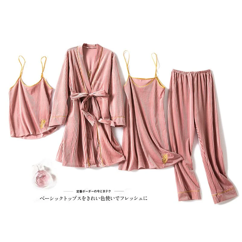 Female Velvet 4PCS Pajamas Set  Embroidery Sleepwear Kimono Bathrobe Gown Autumn Winter Velour Nightwear Loose Home Wear