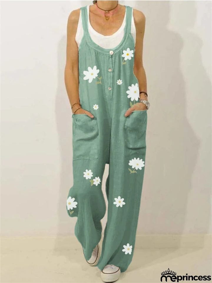 Laid-Back Scoop Neck Front Patch Pocket Daisy Print Straight-Leg Jumpsuit