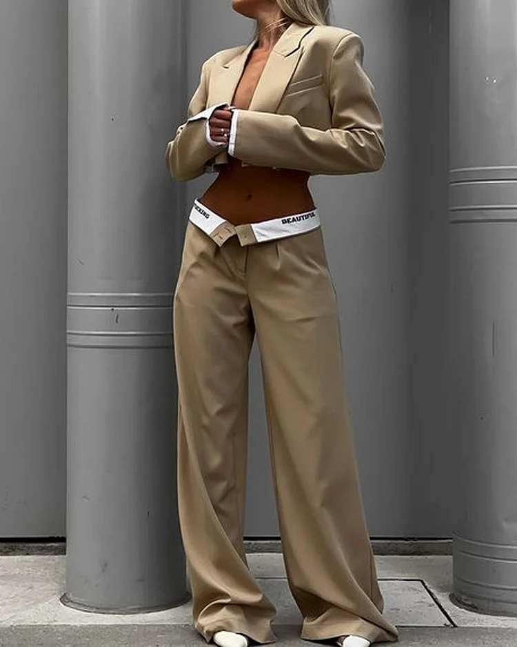 Solid Color Short Suit & High-waist Fake Two-piece Casual Pants Set