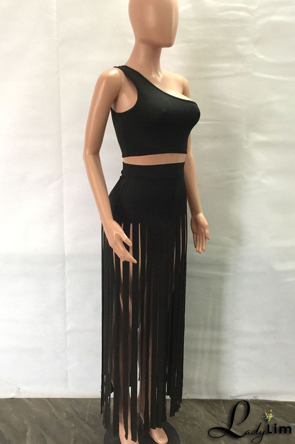 Black Sexy Solid Tassel Patchwork Oblique Collar Two Pieces